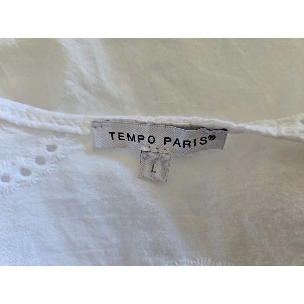 Tempo Paris Womens L Blouse White Eyelet Cotton Long Sleeve Top Coastal Beach - Picture 5 of 8